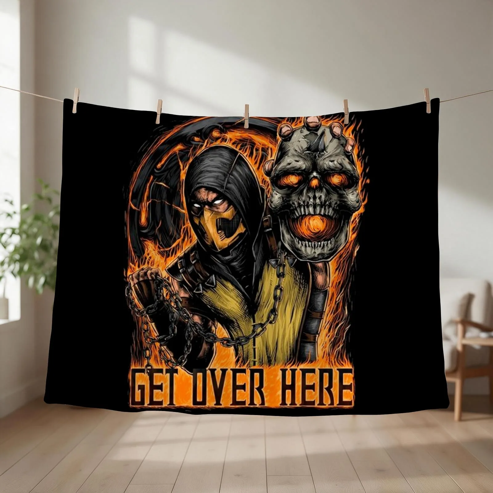 Mortal Kombat Scorpion Get Over Here Throw Blanket couch cozy soft plush fuzzy picnic outdoor blanket
