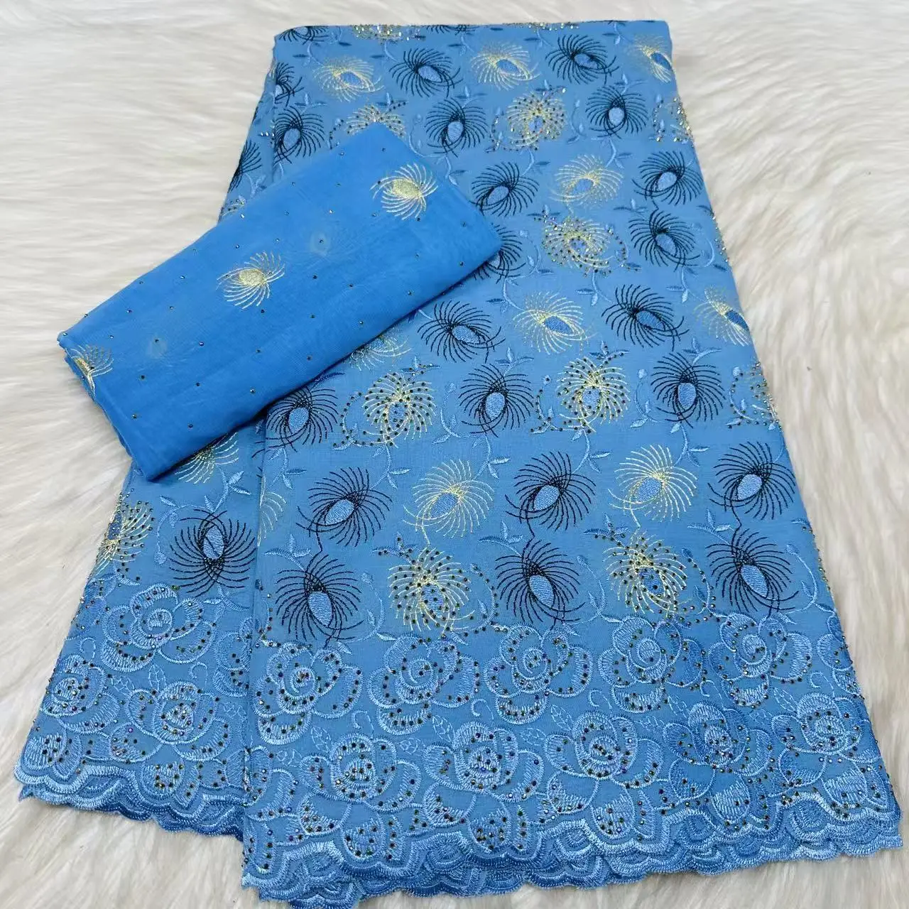 

New Design 5+2 Yards Sky Blue Cotton African Lace Fabric With Scarf 2026 High Quality Swiss Voile Lace Fabric For Dress LYC2622