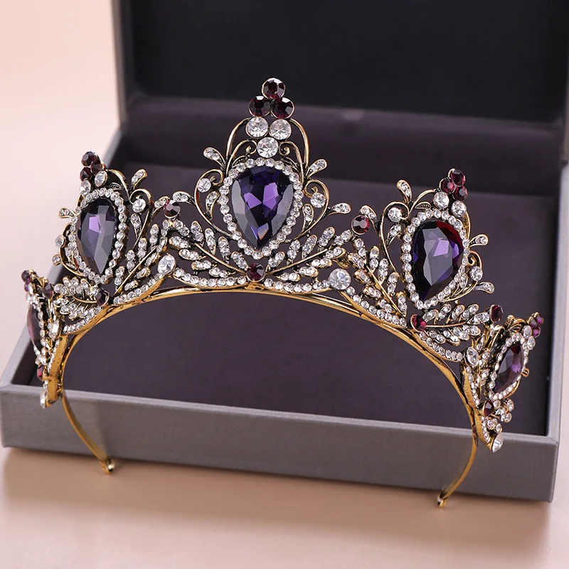 Elegant Crown Headpiece Baroque Vintage Tiara Wedding Bridal Party Purple Black Alloy Crystal Hair Jewelry Accessory Gift view 4