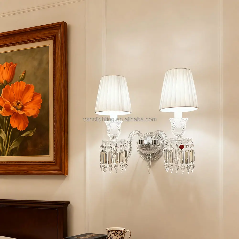 French Luxury 2-Candle Rock Crystal Wall Lamp baccarat Chrome Sconces Wall Lights with Shades  for Living Room Corridor