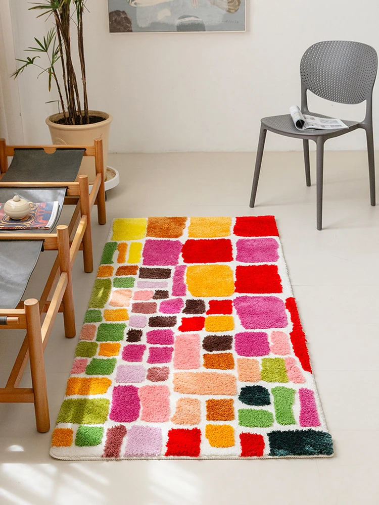Colorful Geometric Plaid Bedroom Carpet Soft Plush Kid Room Play Mat Bedside Rug Long Home Hallway Runner Rug Nordic Ins Rug