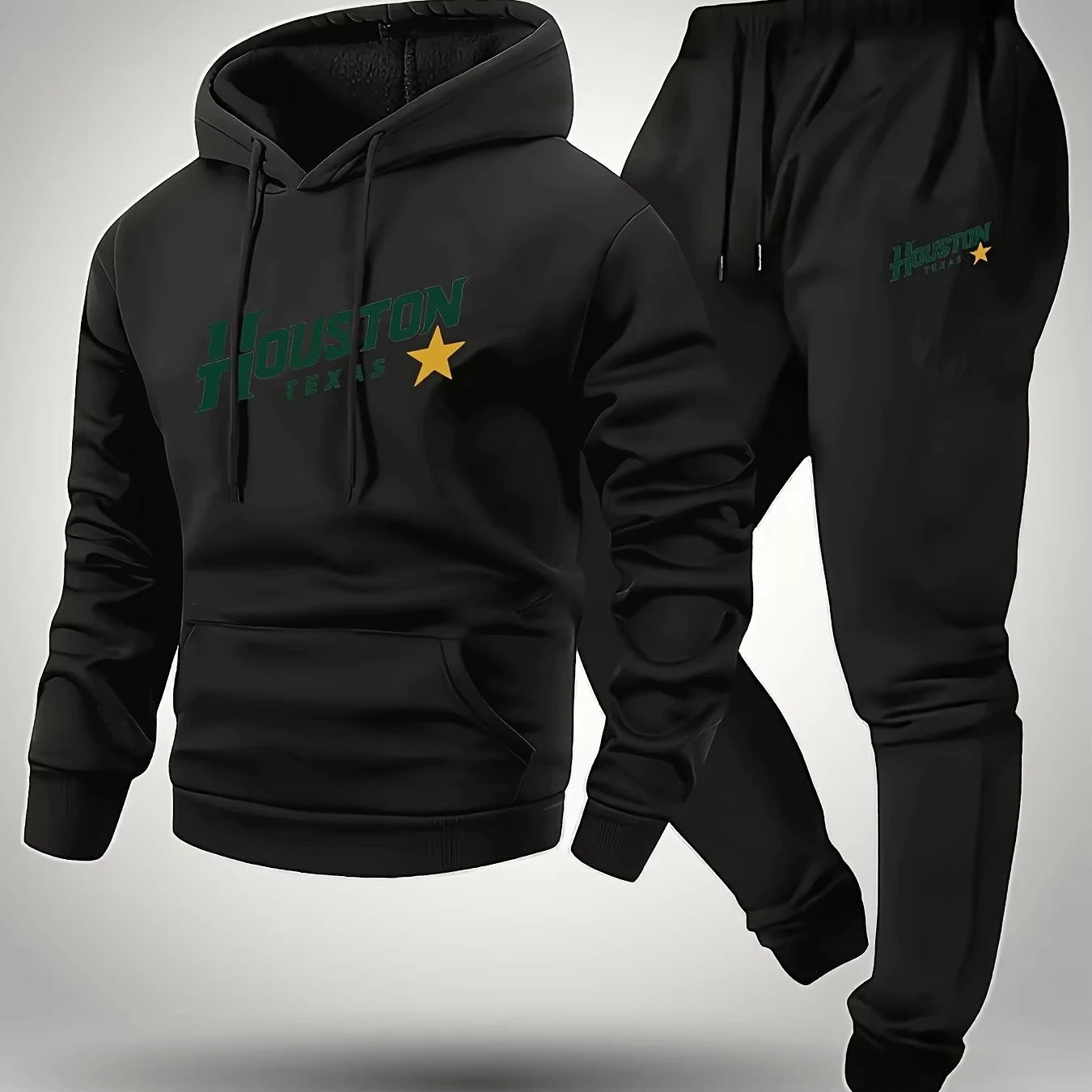 2026 Men's2-piece Set:Letter Print Hoodie & Drawstring Sports Pants, Soft Comfortable Thin Velvet Lining, Warm Tracksuit Bottoms view 2