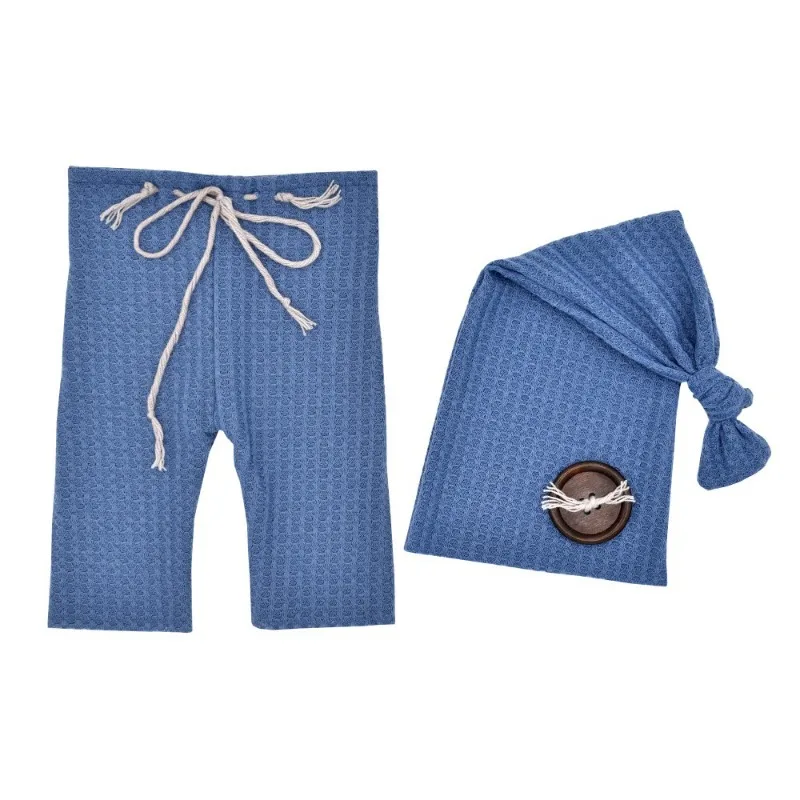 Newborn Photo 2-Piece Set: Knit Pants + Long-Tail Hat with Wooden Buttons—Cute Outfit for Baby Photography Shoots!