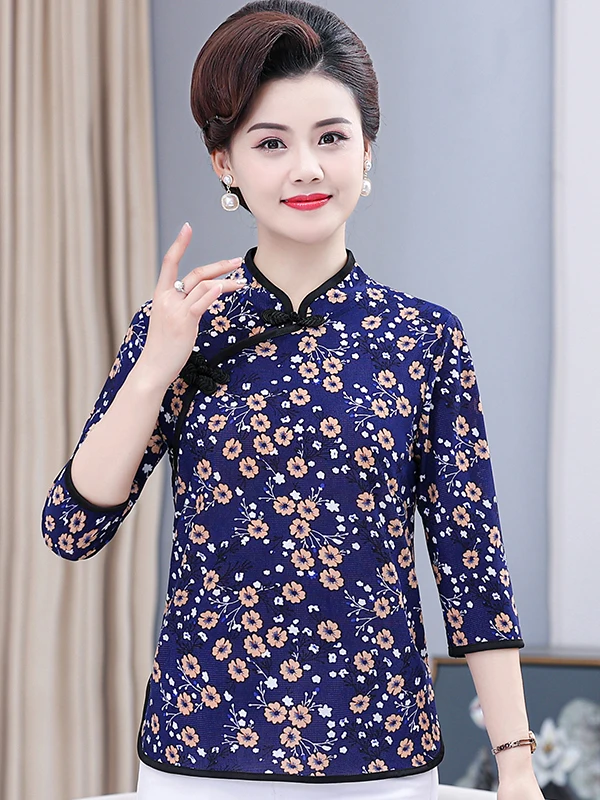 Loose Fit Seven Quarter Sleeve  Collar Tunic Top for Middle-Aged And Elderly Retro Modified New Style Summer Base Shirt