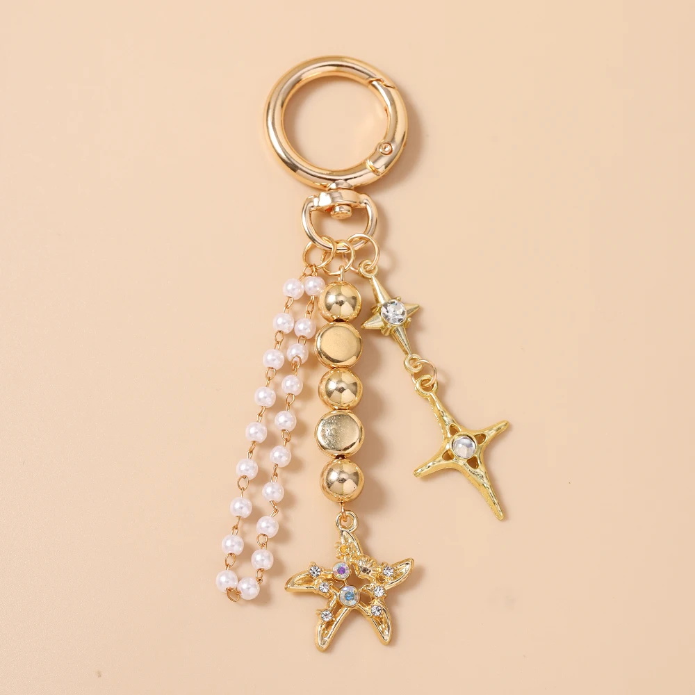 Cute Alloy Star Keychain Handmade Beaded Key Ring Pendants for Women Girls Handbag Decor DIY Key Chain Jewelry Gifts