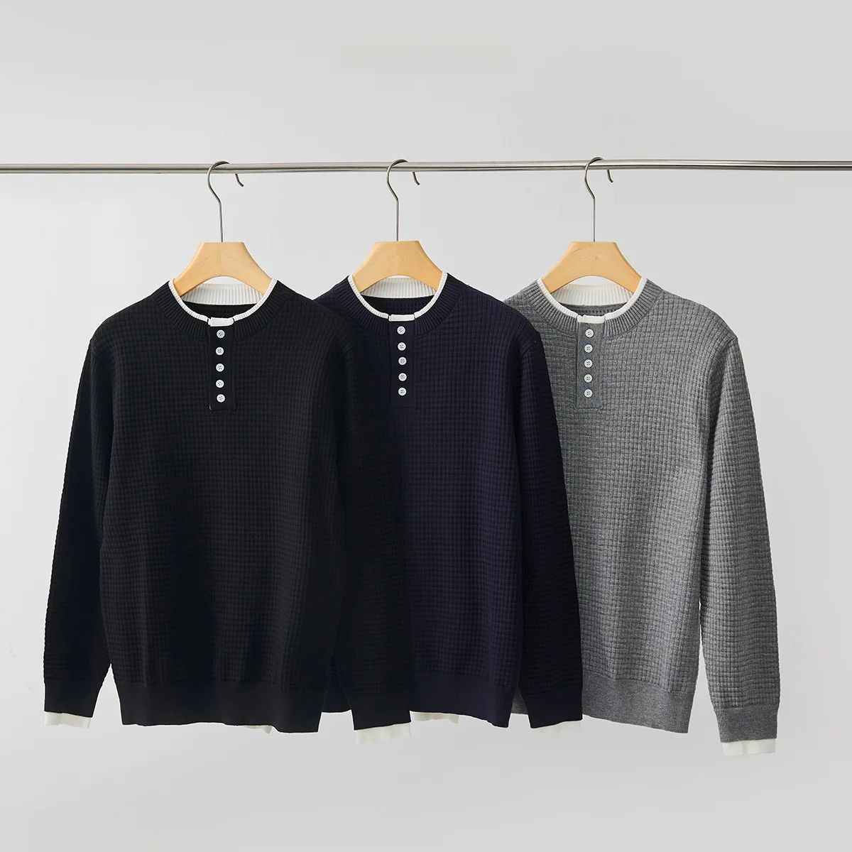 

Men's Slim Fit Long Sve Knitted Sweater Fake Two-Piece Sle f-Unbuttoned Collar Color Blo Design Casual Inner Wear