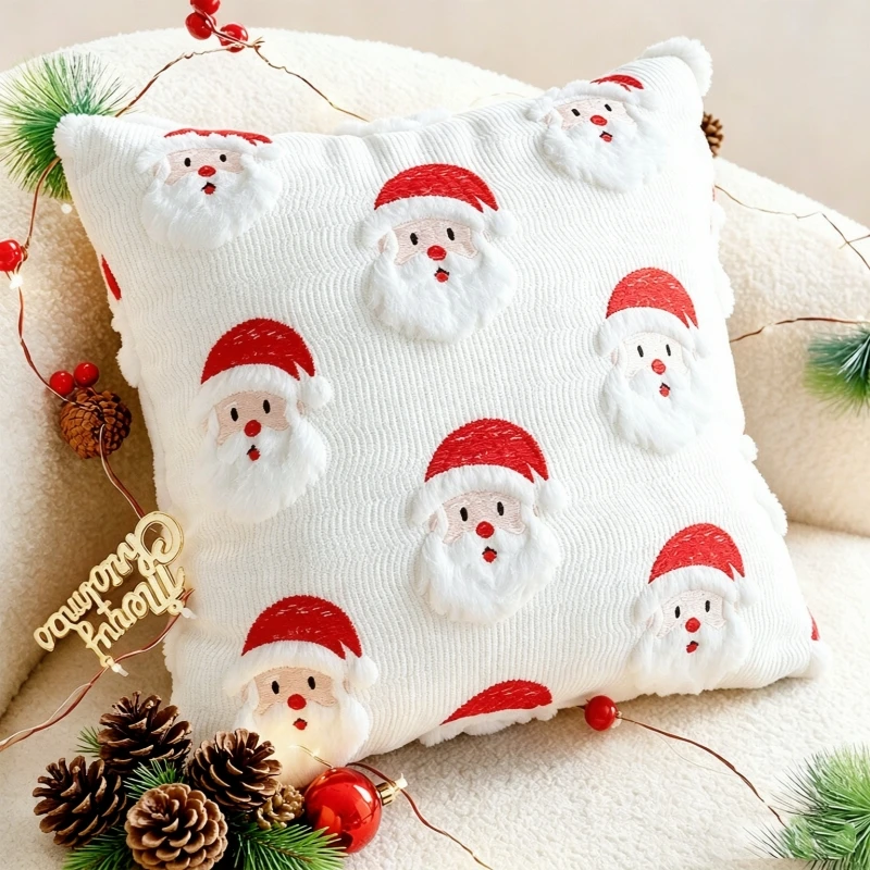 Christmas Throw Pillow Cover Plush Santa Head Xmas Tree Pattern Soft Decorative Cushion Case for Sofa Couch Home Decor 45x45cm