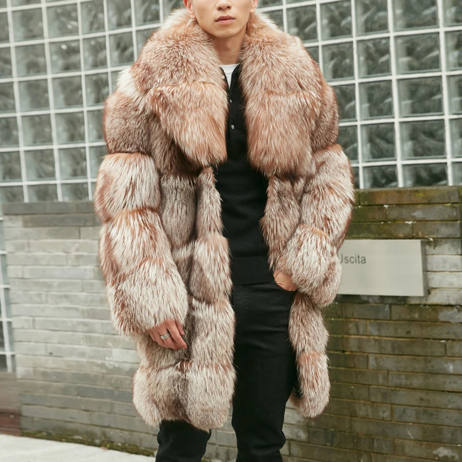 Mens Real Fox Fur Coat Winter Jacket With Natural Fur Lapel Best Selling Long Coat Men Luxury Clothes