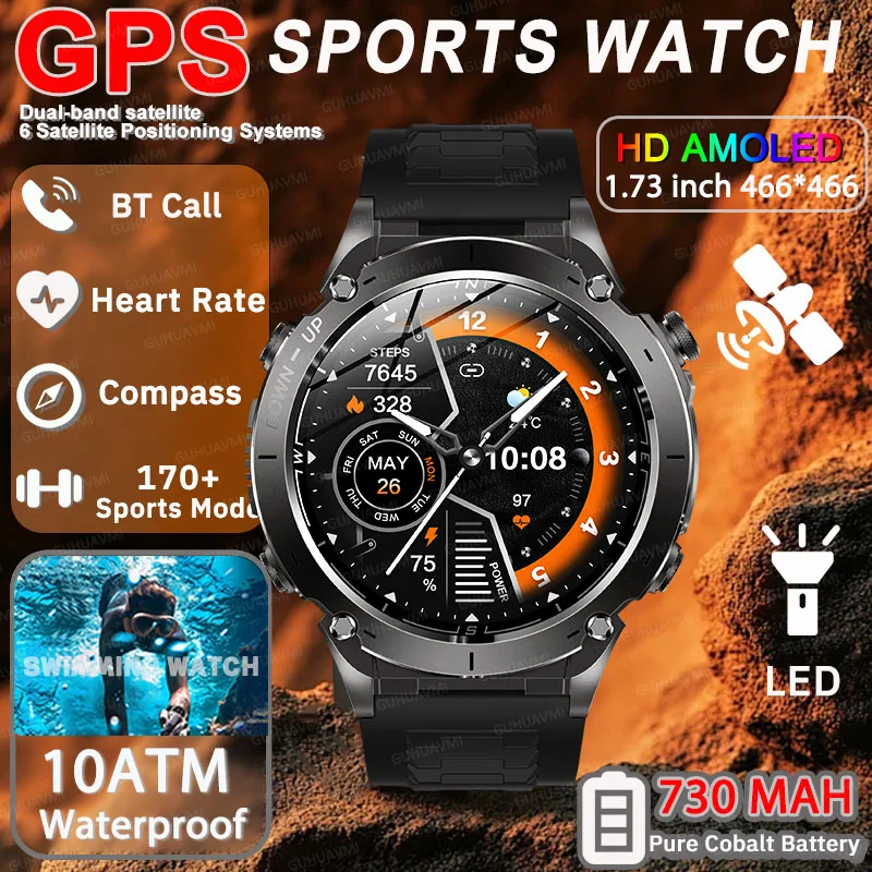 

2025 Спорт на открытом воздухе Новые мужские военные GPS SmartWatch 10ATM Водонепроницаемые 730 мАч Высокая батарея Компас NFC Светодиодный фонарик HD Call Watch