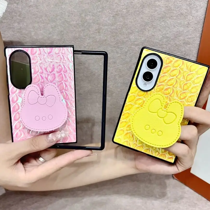 Dreamy Shiny Iridescent Texture Phone Case for Samsung Galaxy Z Fold 8-5 Cute Cartoon Rabbit Bracket Hand Strap Protective Cover