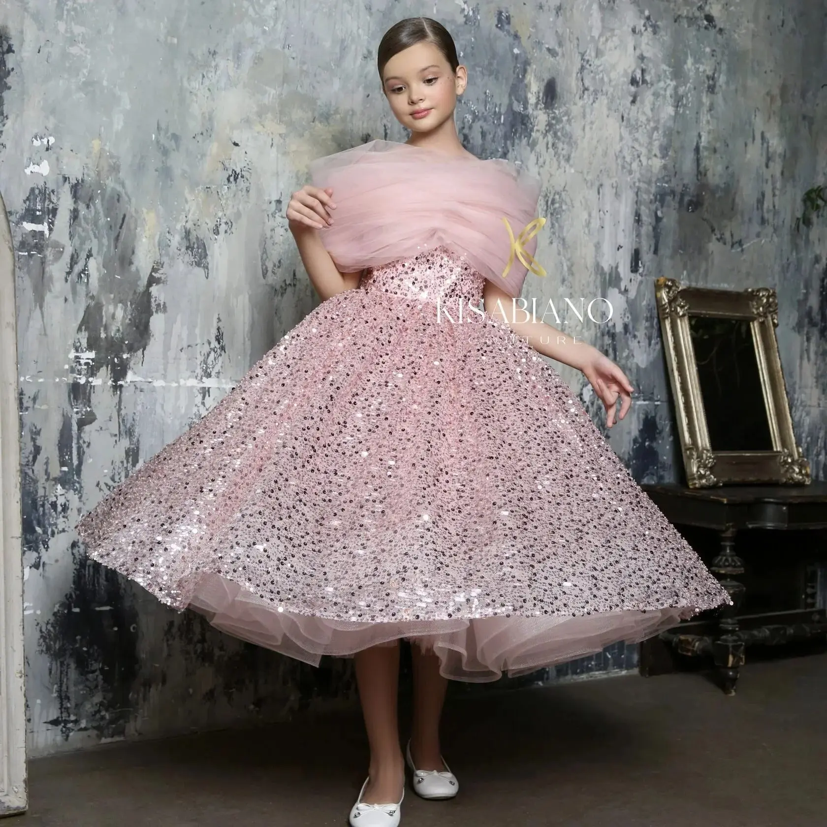 Pink Sequined Flower Girl Dresses Princess Ball Gown Girl's Birthday Party Dress Kids Pageant Gowns Customized