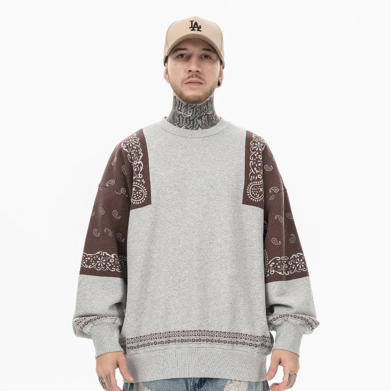 

2022 Autumn/Winter New Trendy Brand Japanese Retro Cashew Flower Splicing with Velvet Round Neck Hoodie for Men Loose Fit