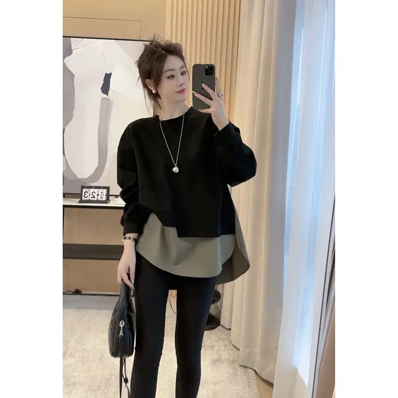 Fashion O-Neck Spliced Fake Two Pieces Blouses Women\'s Clothing 2023 Autumn Winter Loose Casual Pullovers Asymmetrical Shirts