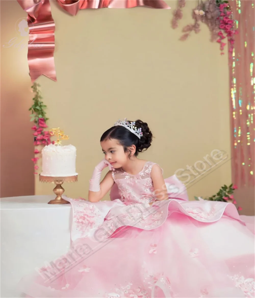 우아한 공주 소녀 드레스 푹신한 레이어드 백리스 생일 파티 첫 성찬식 이브닝 가운 맞춤형