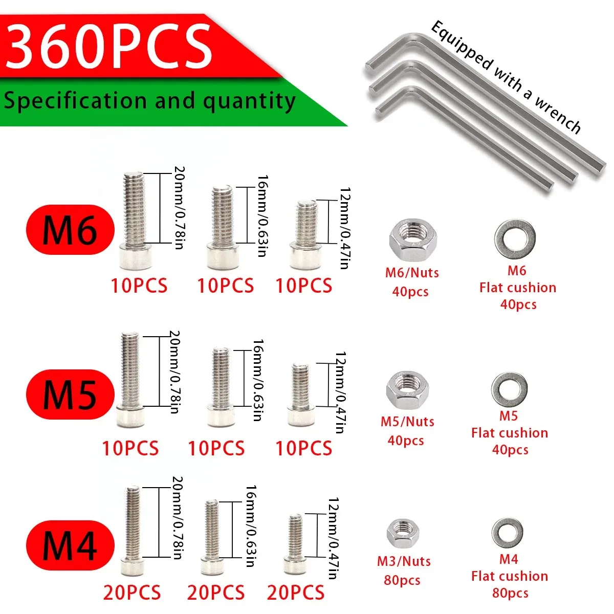 360-Piece Stainless Steel Internal Angle Nut and Bolt Combo Set - M4, M5, M6 Hex Head - Includes Flat Washer Wrench