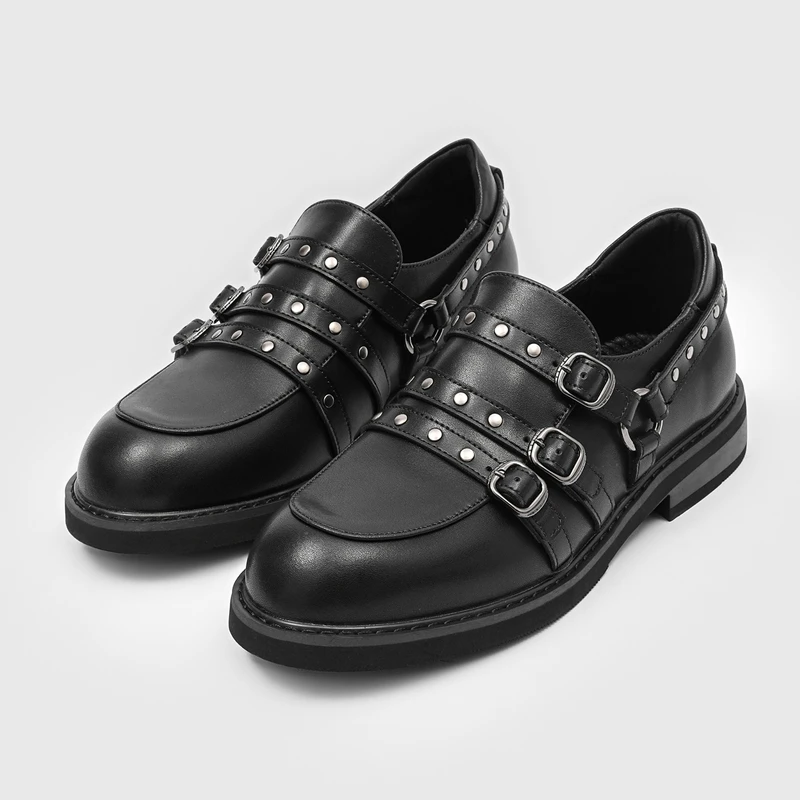 AIYUQI 2026 New Women Multi Buckle Studded Loafers, Black Round Toe Low Heel Dress Shoes, Casual Punk Style Footwear