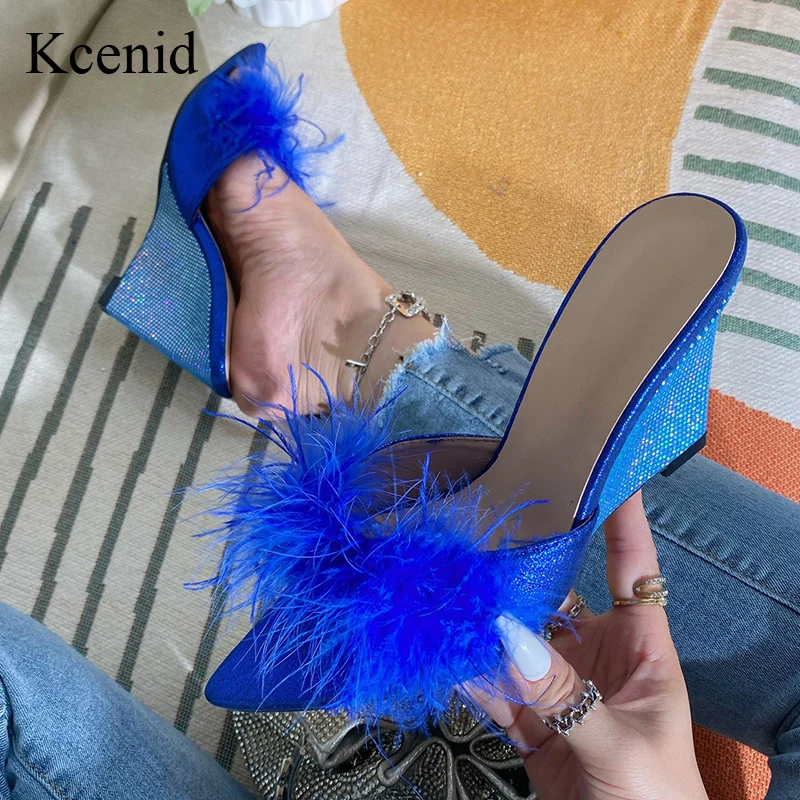 Kcenid nuove donne zeppe pantofole moda soffice piuma sandali estivi Peep Toe scivoli poco profondi scarpe tacchi alti muli femminili