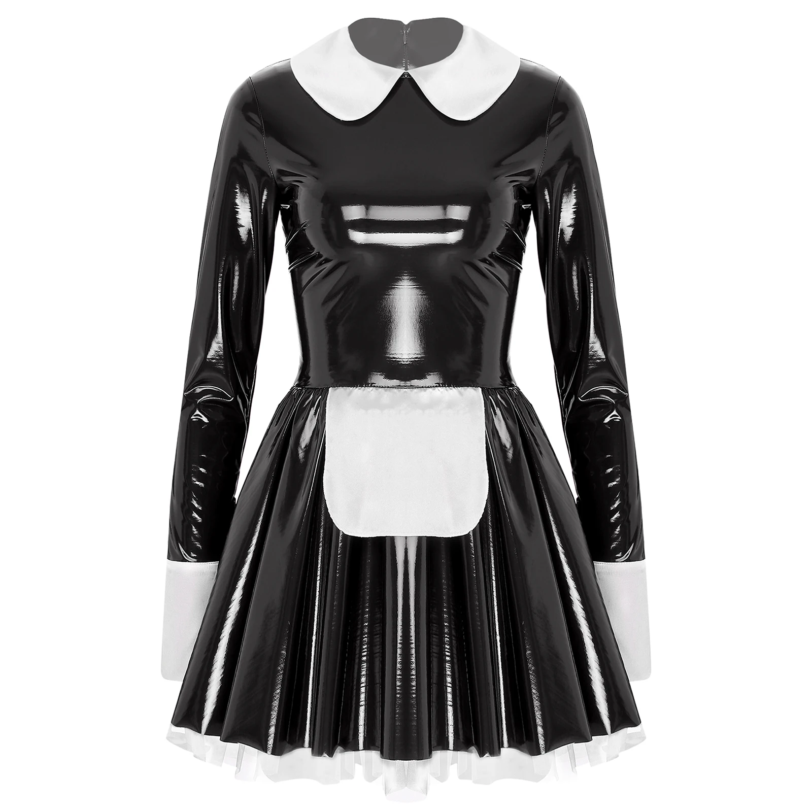 Lakleer Womens Lolita Meid Cosplay Jurk Zoete Lange Mouw Satijnen Schort Tule Onderrok A-Lijn Jurk Halloween Clubwear