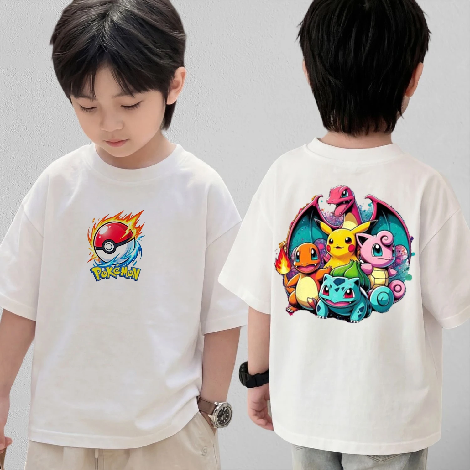 

Summer Anime Pokémon Cosplay T-Shirt Cotton Short Sleeve Tops Casual Loose Retro T-Shirt Men Women Kids Family Matching Outfits