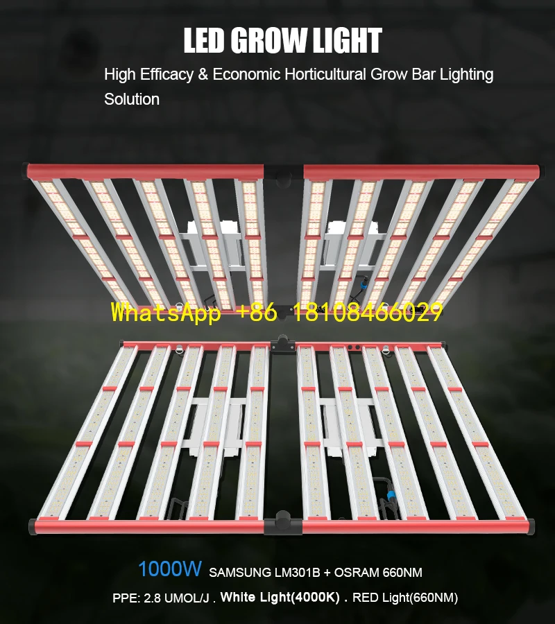 

Hydroponic Bloom & Vegetative Growth Commercial Use 1000W Full Spectrum IP65 Foldable LED Grow Light with LM281B Chips for