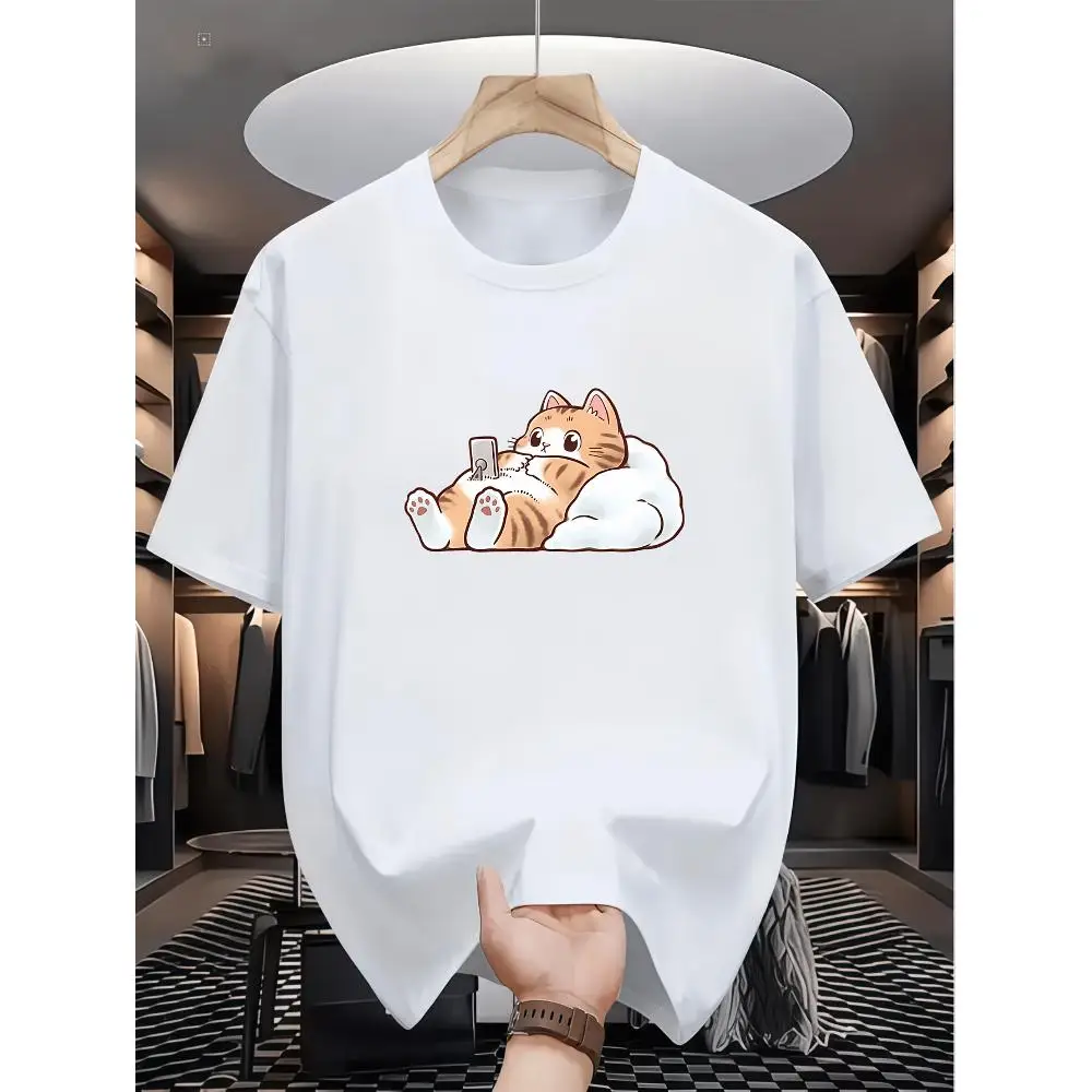 Cat Lover Orange Tabby Cat Print T-shirt Breathable Summer Short Sleeve Round Neck Casual Solid Base Machine Washable Unisex