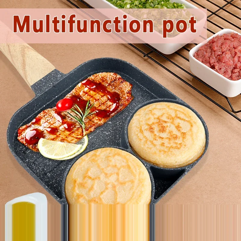 2/4 Hole Kitchen Frying Pot Thickened Omelet Pan Non-stick Egg Steak Ham Pancake Wooden Handle Kitchen Cooking Breakfast Maker