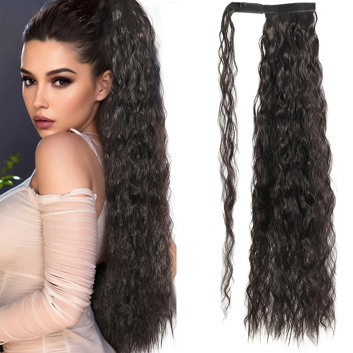 

Long 32Inch Curly Wave Ponytail Extensions For Women, Seamless Design Magic Paste Wrap Around Synthetic Ponytai