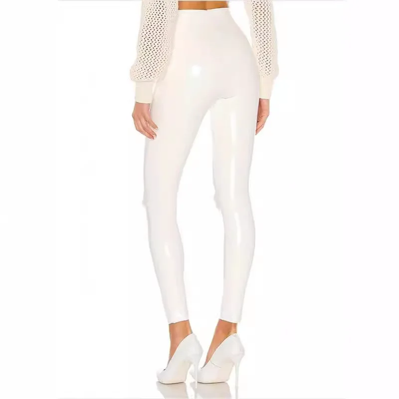 Pantalones blancos de cuero PU brillante para mujer, Leggings sexys ajustados de látex, elásticos, de cintura alta, ajustados, de PVC, Y2k2024