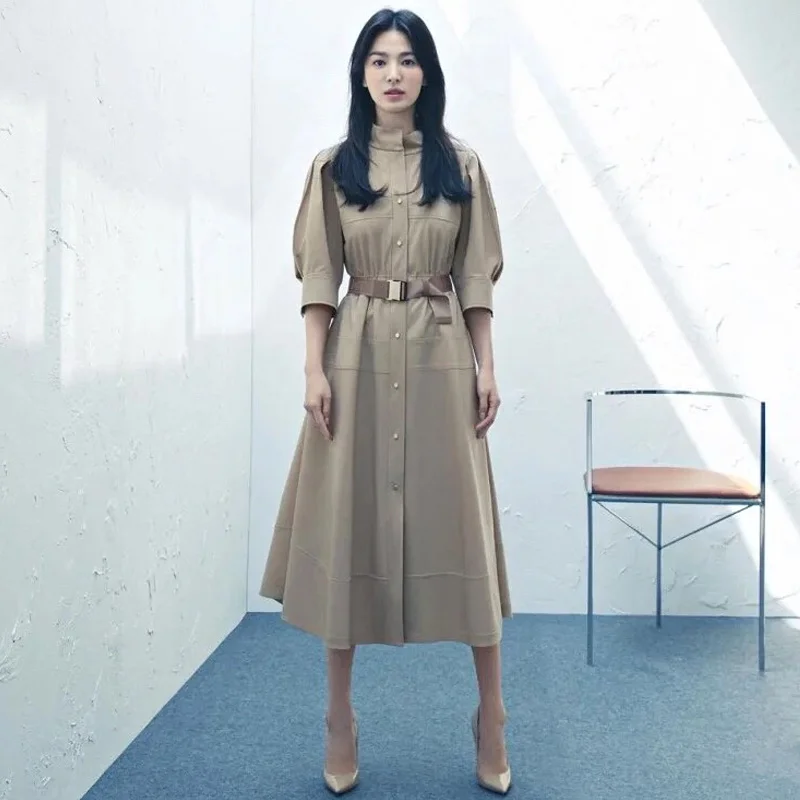 

Catwalk High Quality Autumn Women's Fashion Party Casual Sexy Workplace Office Vintage Elegant Chic Solid Color Khaki Midi Dress