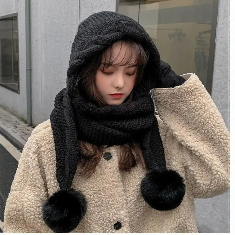 Women's Winter Fluffy Pom Pom Knit Hat Scarf Integrated Thick Warm Windproof for Cold Weather Skiing Trips