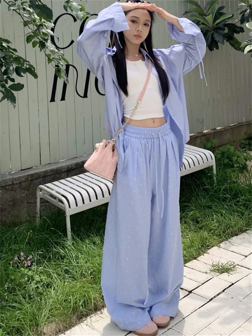 Alien Kitty Blue Casual Women Suits Full Sleeve All Match Summer Work Wear 2024 Chic Shirts High Street Wide Leg Straight Pants