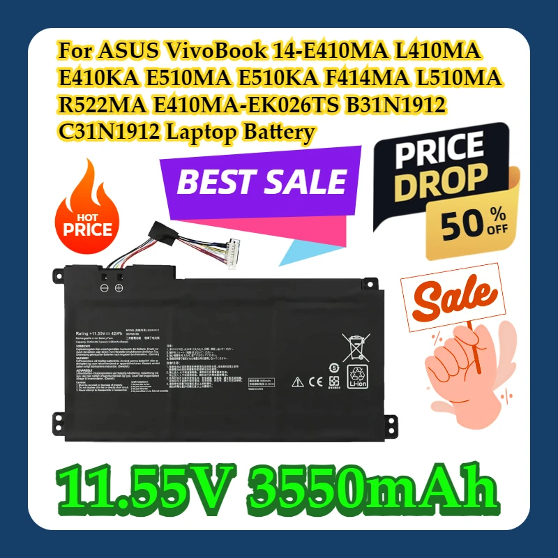 

For ASUS VivoBook 14-E410MA L410MA E410KA E510MA E510KA F414MA L510MA R522MA E410MA-EK026TS B31N1912 C31N1912 Laptop Battery