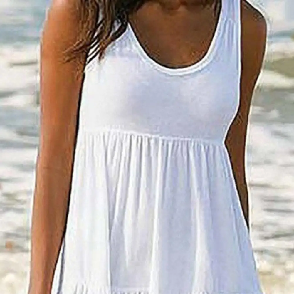 Boho Effen Strand Sundress Oversized Losse Dames Casual O-Hals Mouwloze Ruches Mini-Jurk 2024 Zomer Ruches Tankjurk