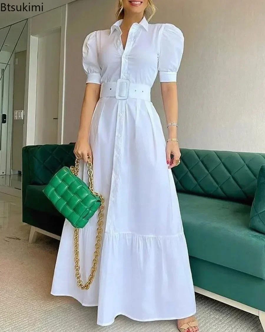 New 2024 Women\'s Summer Short Sleeve Club Party Dresses White High Waist Gowns Button Design Female Luxury Long Dress Vestidos