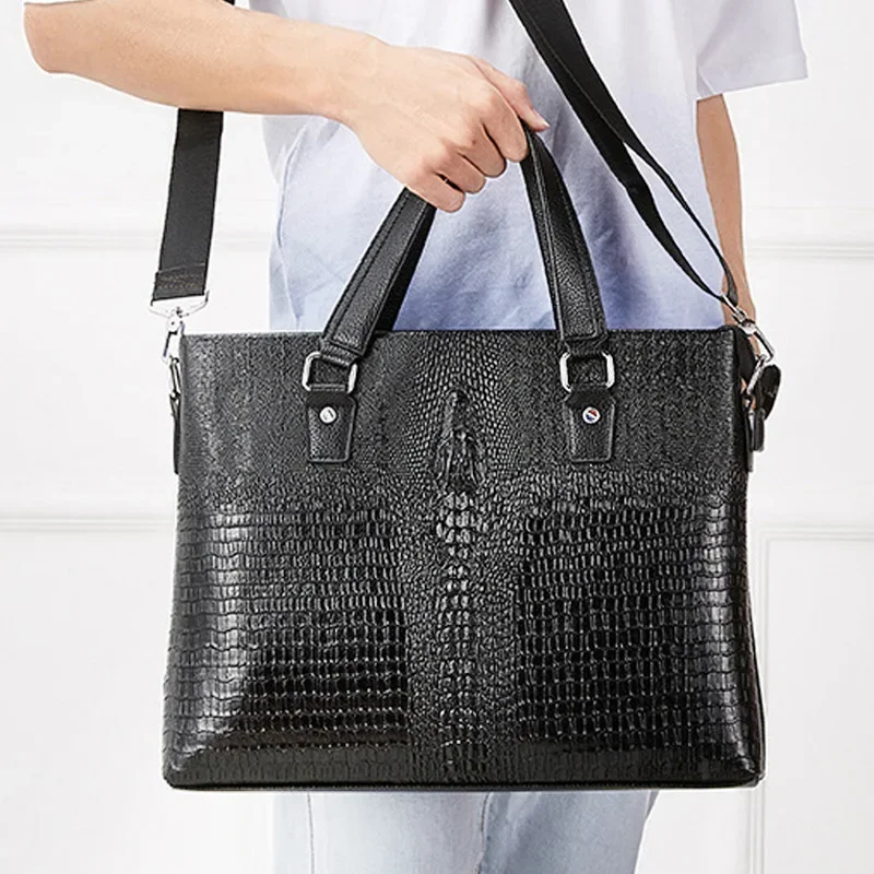 Men's PU Leather Business Crocodile Pattern Briefcase Men's Shoulder Bag Messenger Bag Laptop Handbag Men's Office Document Bag