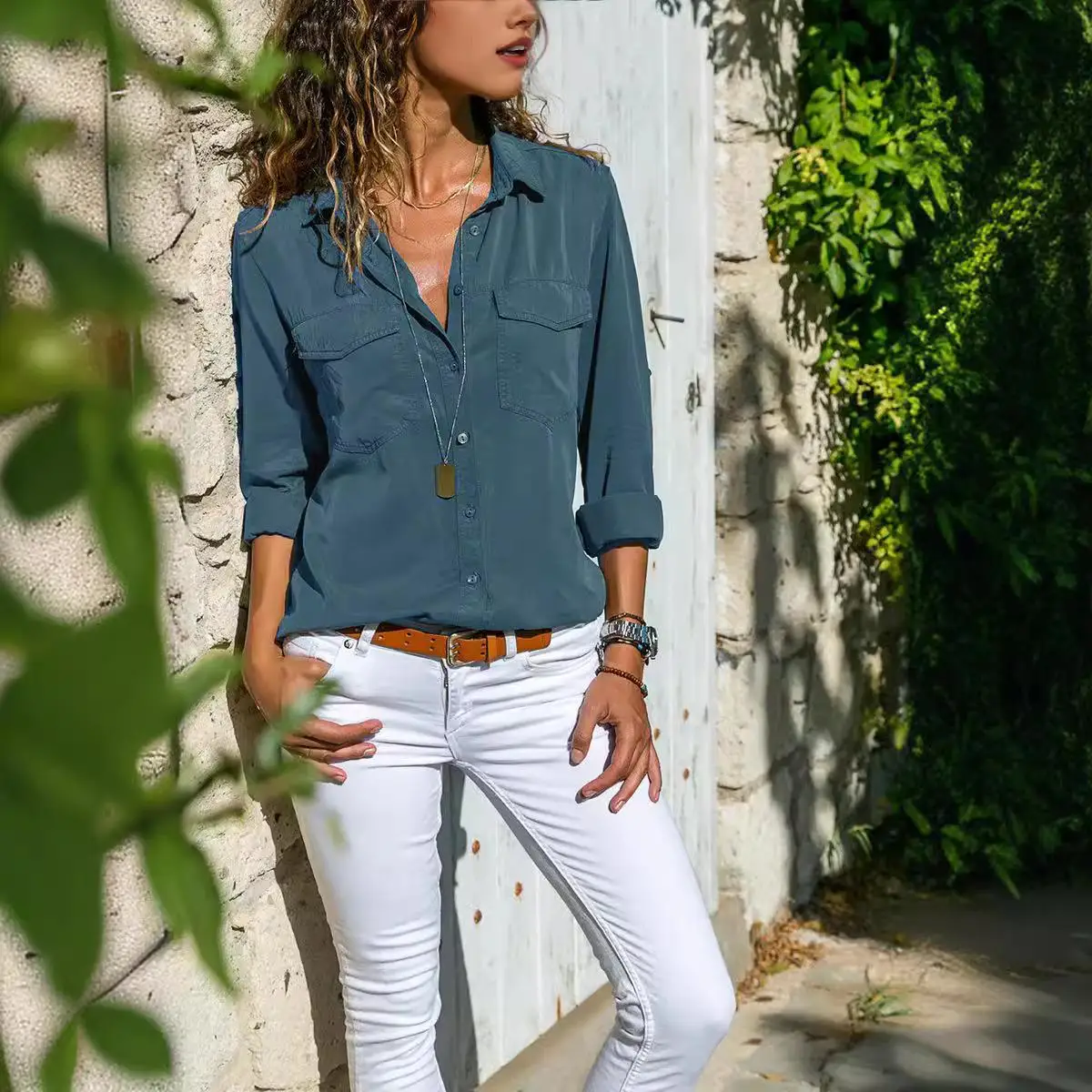 

Women's Punk Sle Long Sve irt Collared Slim Fit Cotton Casual Faion Summer Plain Color Splice Design Top