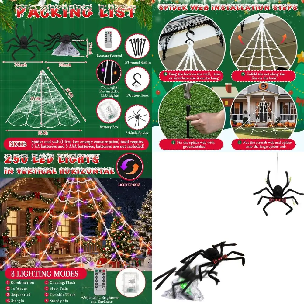 

3-Pack Animated Spider Web Lights for Holiday Yard Decor - 8 Lighting Modes for Christmas & New Year