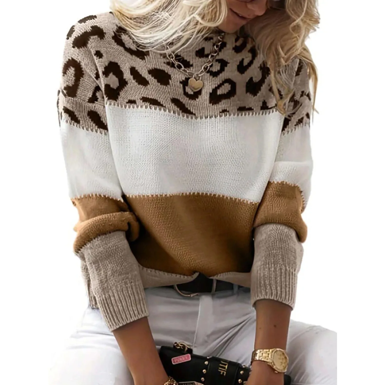

2025 Women Leopard Sweater Fashion Long Sleeve Tops Knitted Pullovers Pink KnitwearsWomen's Autumn Winter Clothes for