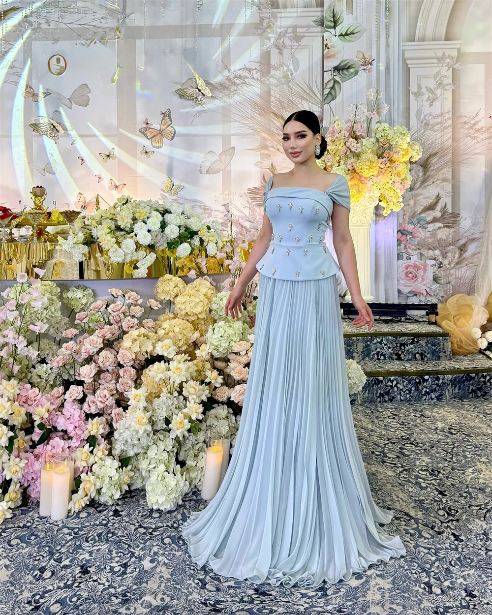 Cathy 맞춤형 블루 스퀘어 칼라 Pleated 댄스 파티 드레스 허리 Cinching Crystal vestidos de noiva 바닥 길이 정장 저녁