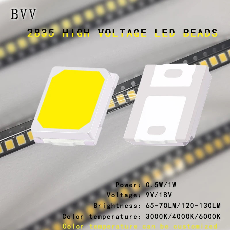 100PCS 2835 Highlight SMD High voltage LED beads, 9V18V 36v, power 0.5W1W, white light, color temperature:3000K4000K6000K