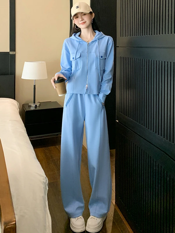 

Комплект Salt Series: модный спортивный костюм в уличном стиле для женщин, весна 2026, синяя куртка с эффектом омоложения и широкие брюки, комплект из двух предметов