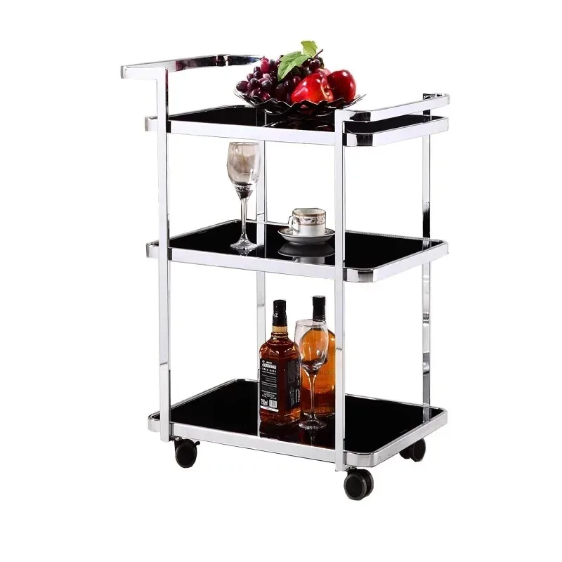 Luxury Gold Silver Metal Glass Restaurant Hotel Bar Wine Tea Food Serving Trolley Cart Three-layer Stainless Steel Dining Cart