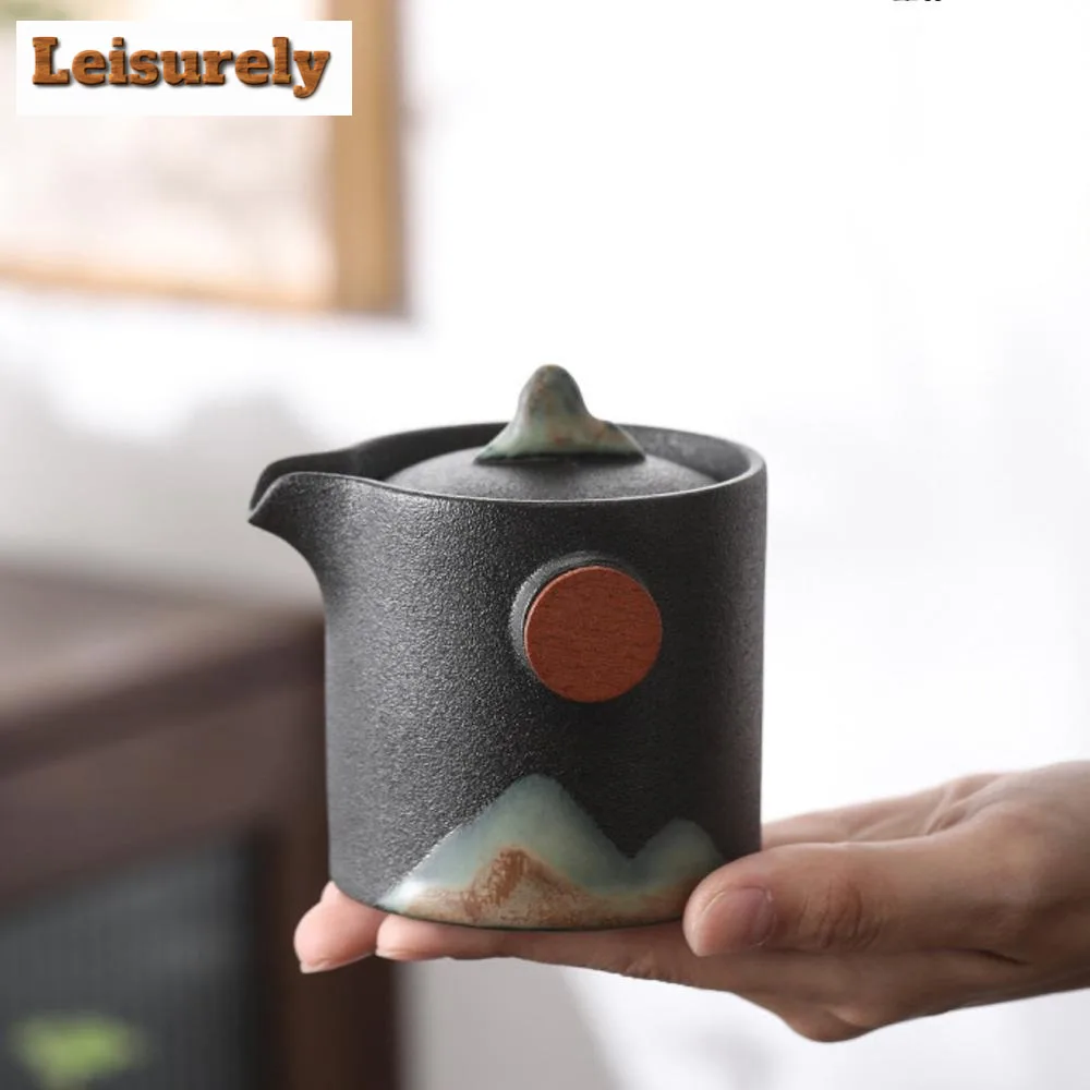 200ml Japanese Hand-painted Mountain Gaiwan Ancient Black Pottery Rough Tea Tureen Tea Making Cover Bowl Drinkware Collection