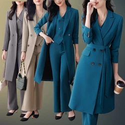 High Quality 2023 Autumn Winter Formal Ladies Lengthen Blazer Women Business Suits Work Wear Office Uniform  Pants Jacket Sets