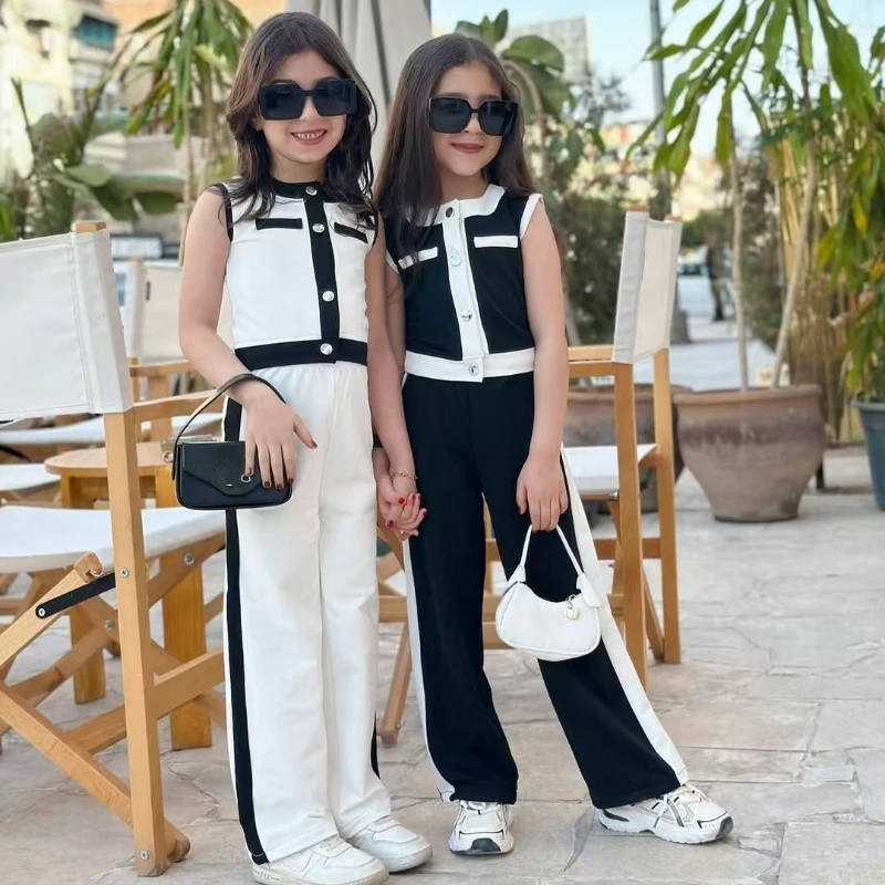 

2025 Kids Girl Summer Outfits Baby Girls Clothes Sleeveless Top+Pant Set Children Clothing For Outdoor For 2 3 4 5 6 7 Years