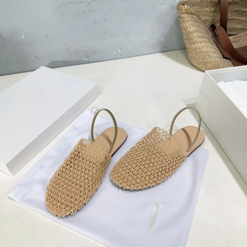

2025 New European and American Simple Net Mesh Elastic Half Slippers, Lace-Free, Breathable, Soft, One-Strip Flat Sandals, Casua