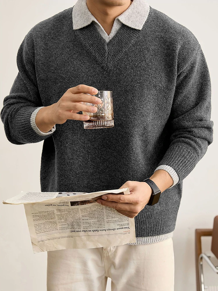 في الهواء الطلق عادية رجالي المرقعة سترة قمصان بولو الحياكة بدوره إلى أسفل طوق كم طويل البلوز القمم الرجال الخريف Vintage البلوزات #3