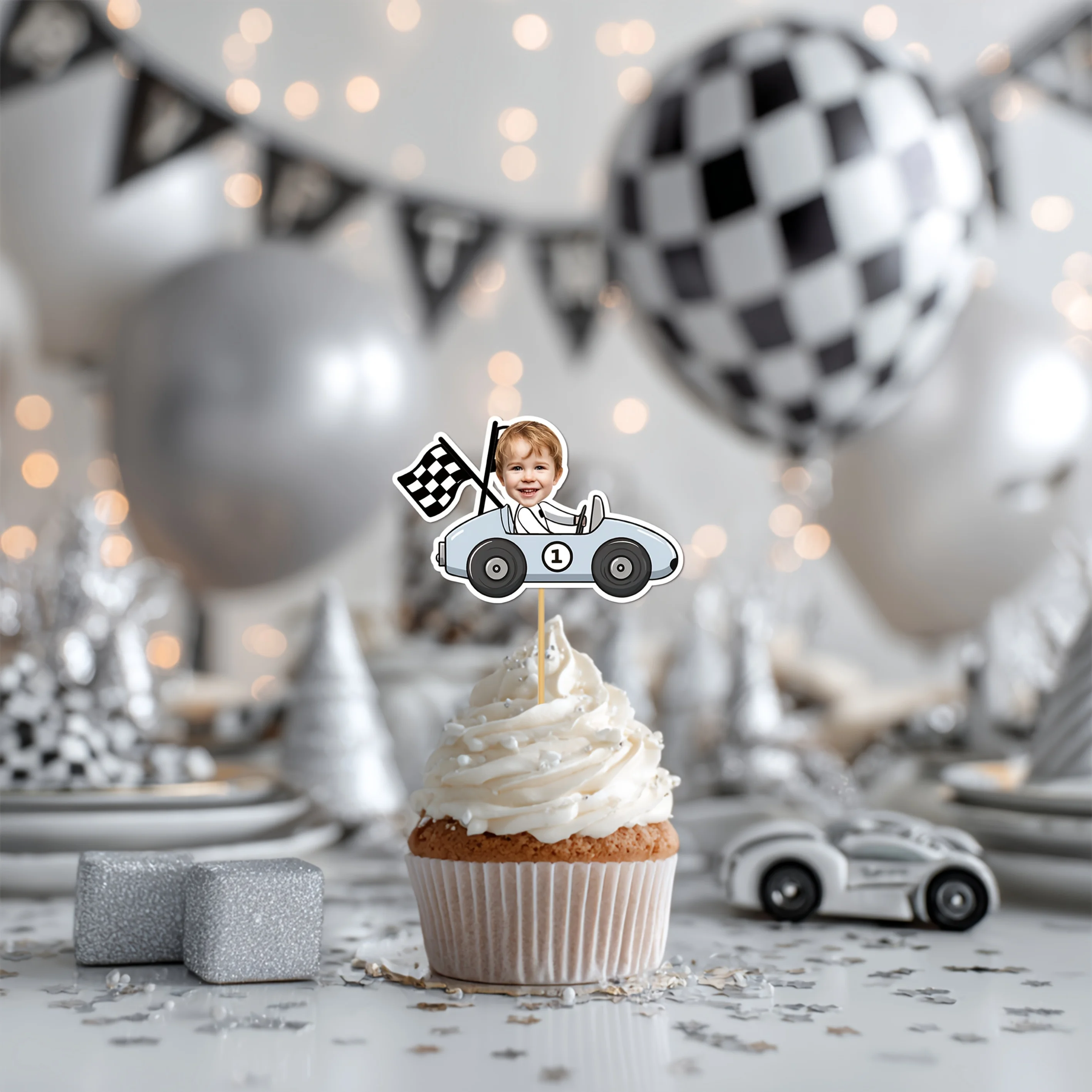 Personalized Racing-Themed Cupcake Decorations, Custom Racing Driver Face Cupcake Toppers, Suitable for 1St, 2Nd, and 3Rd Birthday Party Cake Decorations, Let's Go Racing Sports-Themed Supplies, Fast One/Two-Themed Racing Birthday Celebrations view 6