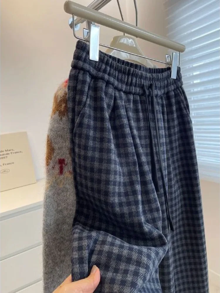 레트로 하이웨이스트 스트레이트 레그 캐주얼 팬츠 여성용 루즈핏 따뜻한 체크 팬츠 안티에이징 트렌디 겨울 패션