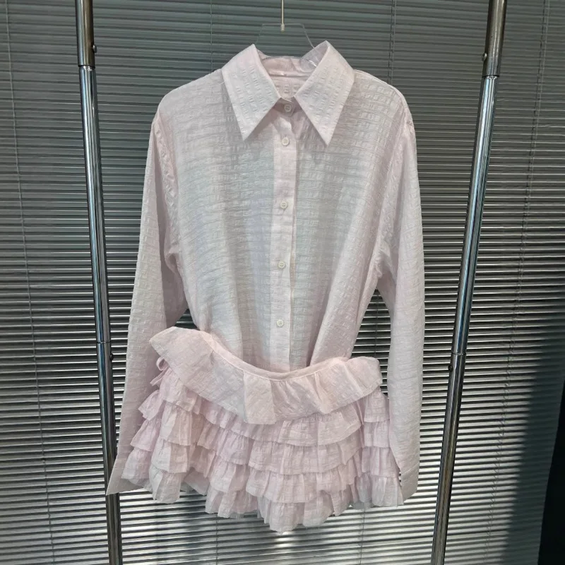 HKSH Summer New Women's Elegant Sweet Sheer Sunproof Long Sleeve Thin Shirt Trendy Layed Pleated Mini Skirt Two-piece Set HK7657